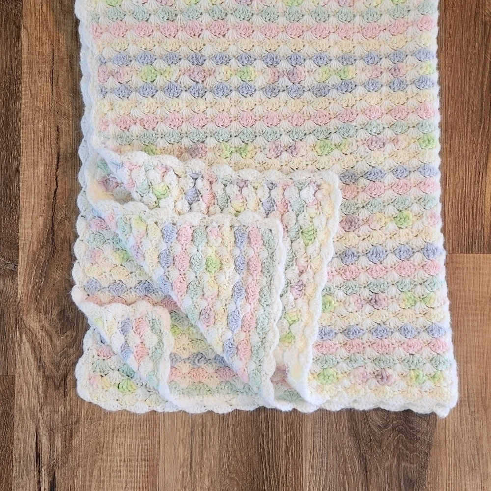 Crochet Handmade Pastel Pink Blue White Throw Lap Baby Blanket Afghan